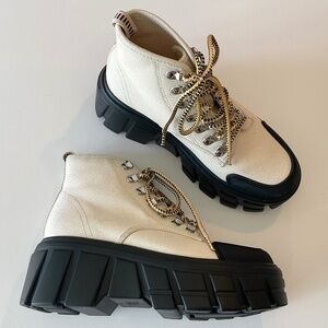 ZARA Off White Canvas Chunky Heel Boots Size 6.5 EU 37